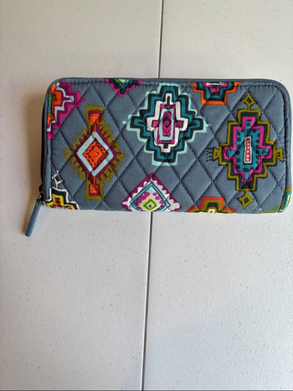 Vera Bradley Quilted Gray Zip-Around Wallet with Multicolor Geometric Print